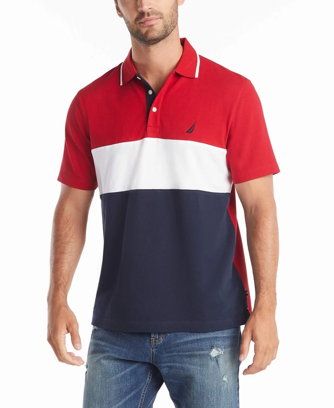 Nautica Men's Short Sleeve 100% Cotton Pique Color Block Polo Shirt, Nautica Red, L UK