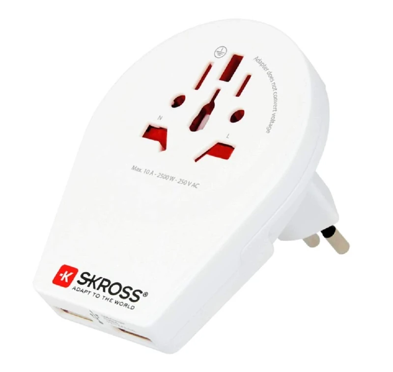 SKROSS 40773 Country Adapter World to Switzerland + Italy + Brazil USB *, White – Suitable for all earthed and ungrounded devices (2 and 3 pin)