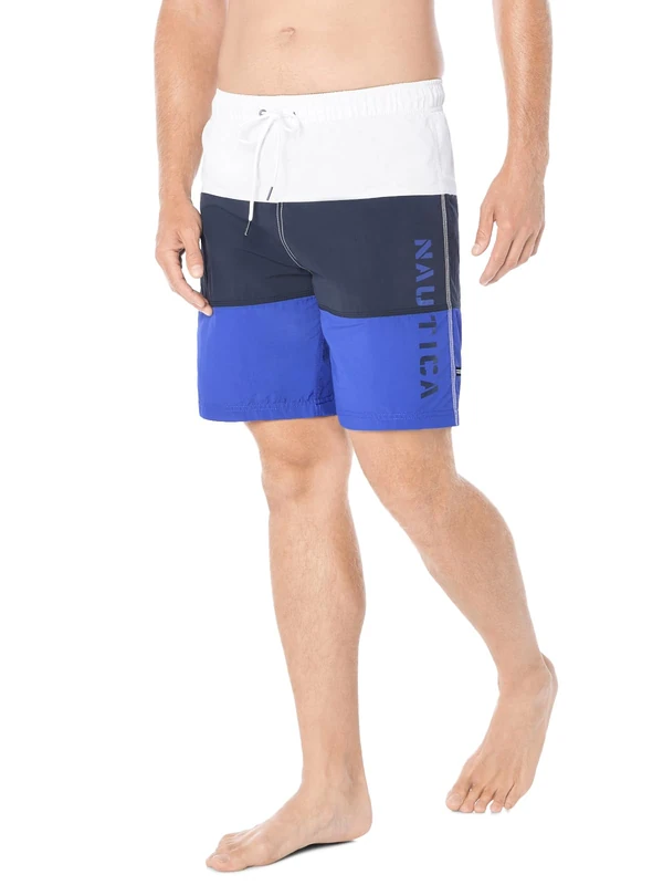 Nautica Men's Quick Dry Classic Logo Tri-Block Series Swim Trunk, Bright Cobalt, Medium