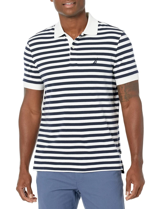 Nautica Men's Classic Fit Short Sleeve 100% Cotton Stripe Soft Polo Shirt, Bright White, 1X