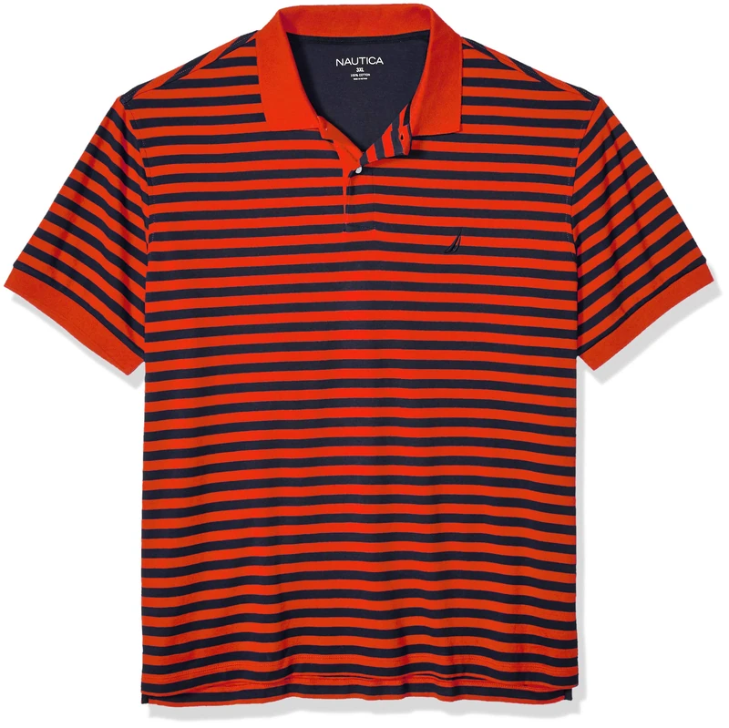 Nautica Men's Classic Fit Short Sleeve 100% Cotton Stripe Soft Polo Shirt, Orange Poppy, Large Tall