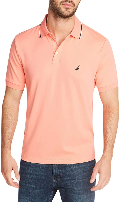 Nautica Men's Classic Fit Short Sleeve Dual Tipped Collar Polo Shirt, Pale Coral, Large