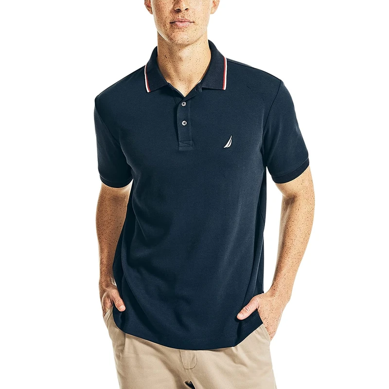 Nautica mensZ84860Classic Fit Short Sleeve Solid Tipped Collar Soft Polo Shirt Band Collar Short Sleeves Polo Shirt - Blue -