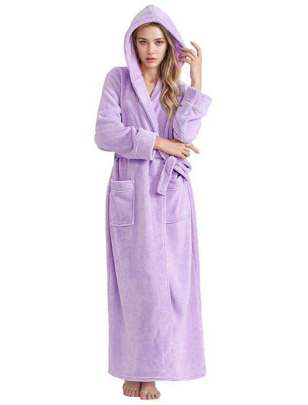 Hellomamma Long Hooded Robe for Women Luxurious Flannel Fleece Full Length Bathrobe Winter Warm Pajamas Shower Nightgown…, Light Purple, XL