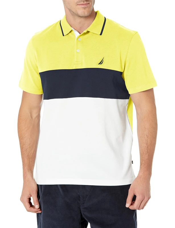 Nautica Men's Short Sleeve 100% Cotton Pique Color Block Polo Shirt, Blazing Yellow, Large