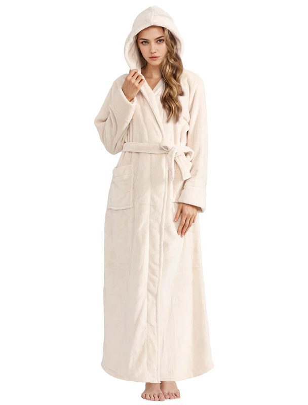 Hellomamma Long Hooded Robe for Women Luxurious Flannel Fleece Full Length Bathrobe Winter Warm Pajamas Shower Nightgown…, Beige, Medium