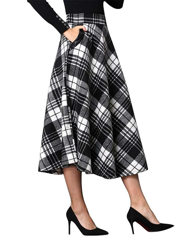 IDEALSANXUN Womens Plaid Wool Skirts Elastic Waist A-Line Pleated Tartan Long Skirts, Mid-Calf Black&White, S
