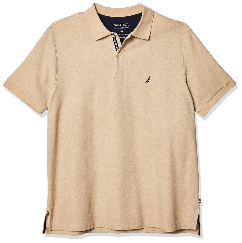 Nautica Men's Classic Fit Short Sleeve Solid Performance Deck Polo Shirt, Coastal Camel Heather, Large Tall