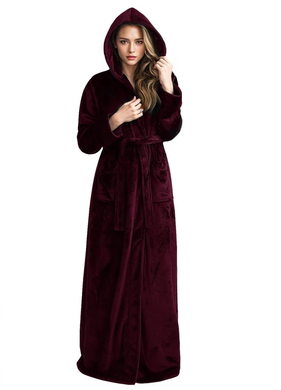 Hellomamma Long Hooded Robe for Women Luxurious Flannel Fleece Full Length Bathrobe Winter Warm Pajamas Shower Nightgown…, Wine Red, Large