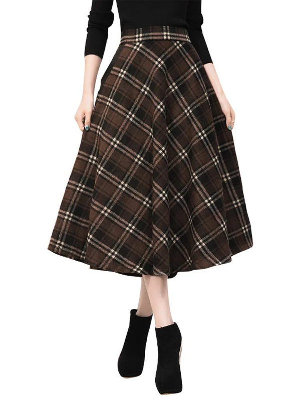 IDEALSANXUN Womens High Elastic Waist Maxi Skirt A-line Plaid Winter Warm Flare Long Skirts, Mid-Calf Coffee, S