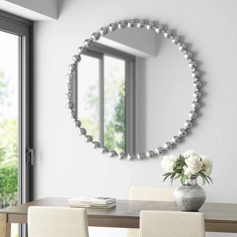 MADISON PARK SIGNATURE Wall Décor Marlowe Metal Spherical Frame Round Mirror for Living Room Home Accent, Ready to Hang Bedroom Decoration, 36" Diameter, Silver - Image 1