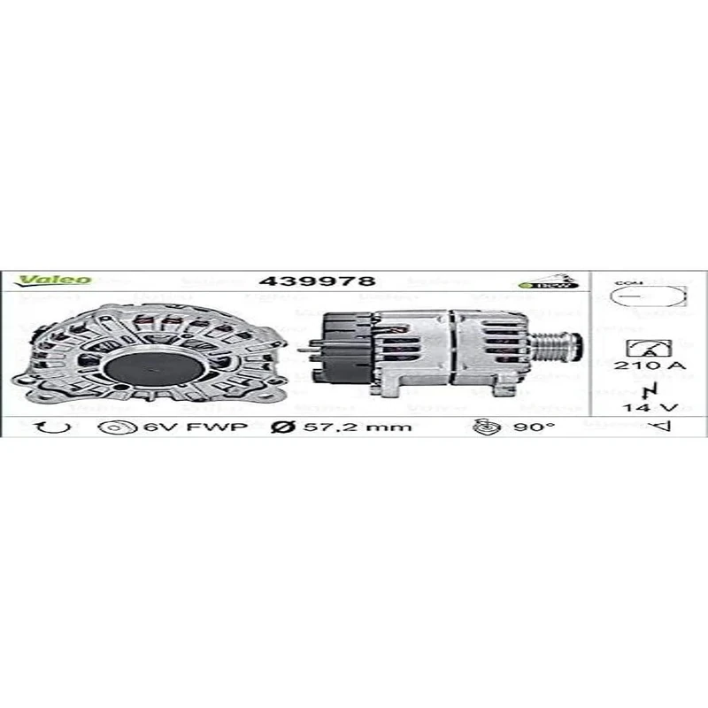 VALEO 439978 Alternator Alternator Charge current: 210 Amp Grooves: 6 grooves Pulley diameter: 57,2 mm Voltage: 14 V Rotation direction: CLOCKWISE