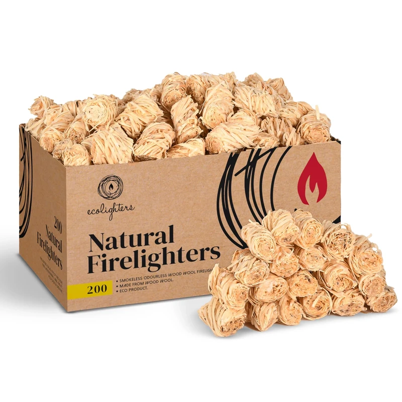 200 Natural Firelighters for Wood Burners, Fire Lighters, Firelighter for Stove, BBQ cooking, Wood Wool Fire Starters for Stoves and Wood Burner - Barbecue, Fire Pit, Pizza Oven. Large Box, 2.2KG