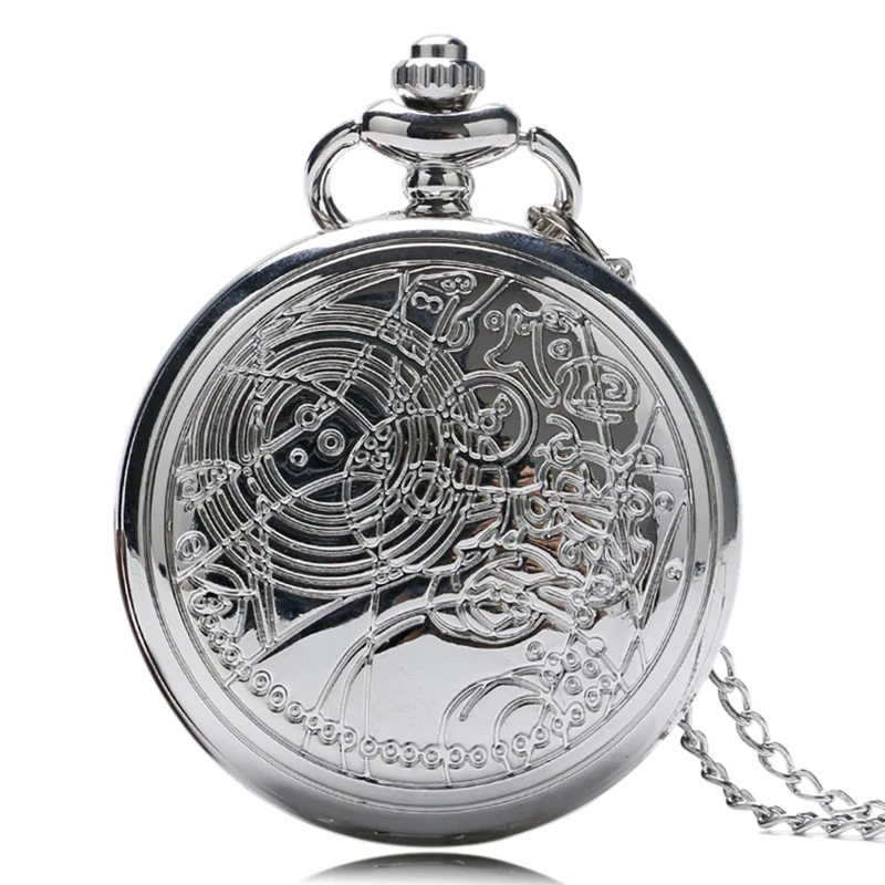 CokinkiDs Doctor Who Pocket Watch Full Hunter Quartz Analog Silver Pocket Watch Necklace Pendant Watch for Men Women Xmas Gift - 1.8" Dial