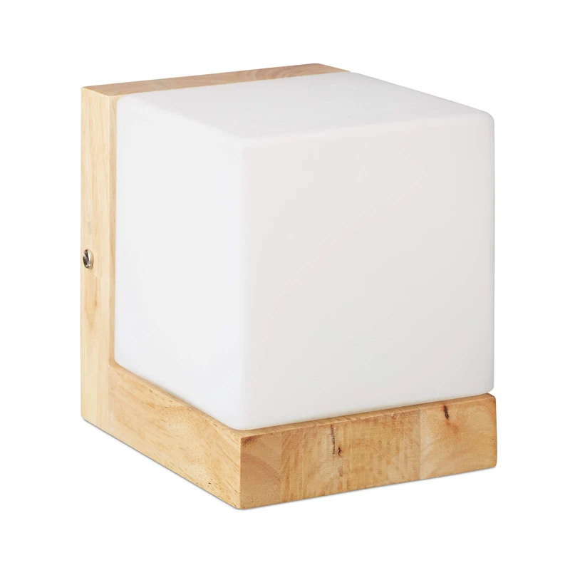 Relaxdays Cube Wall Lamp, Warm Wall Lighting, E27, Frosted Glass, Wood, 1-Spot, HWD: 15x12x15 cm, White/Natural