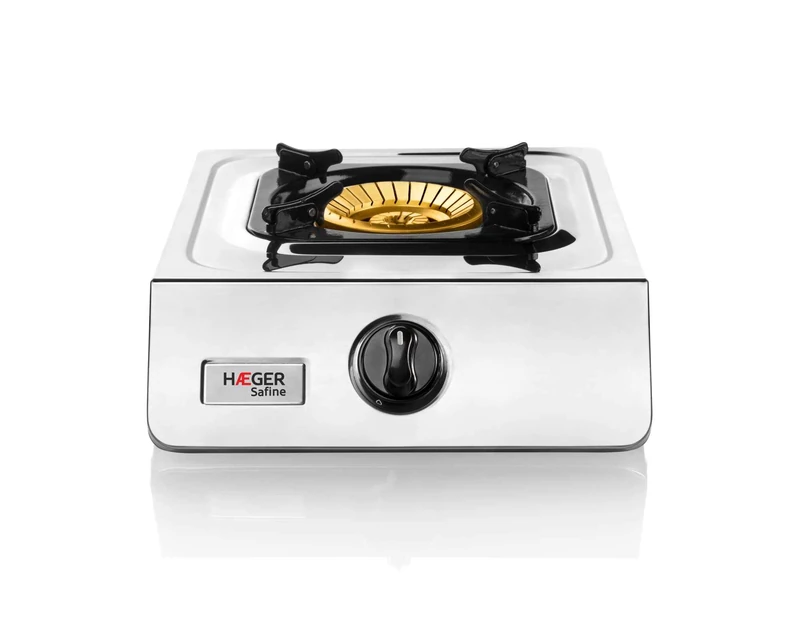 HAEGER Safine Gas Stove with Patented Technology, Automatic Ignition PIEZO, Double Burner in Bronze with 110 mm, Inox Body, Non-Slip Feet and Base for Large Pans