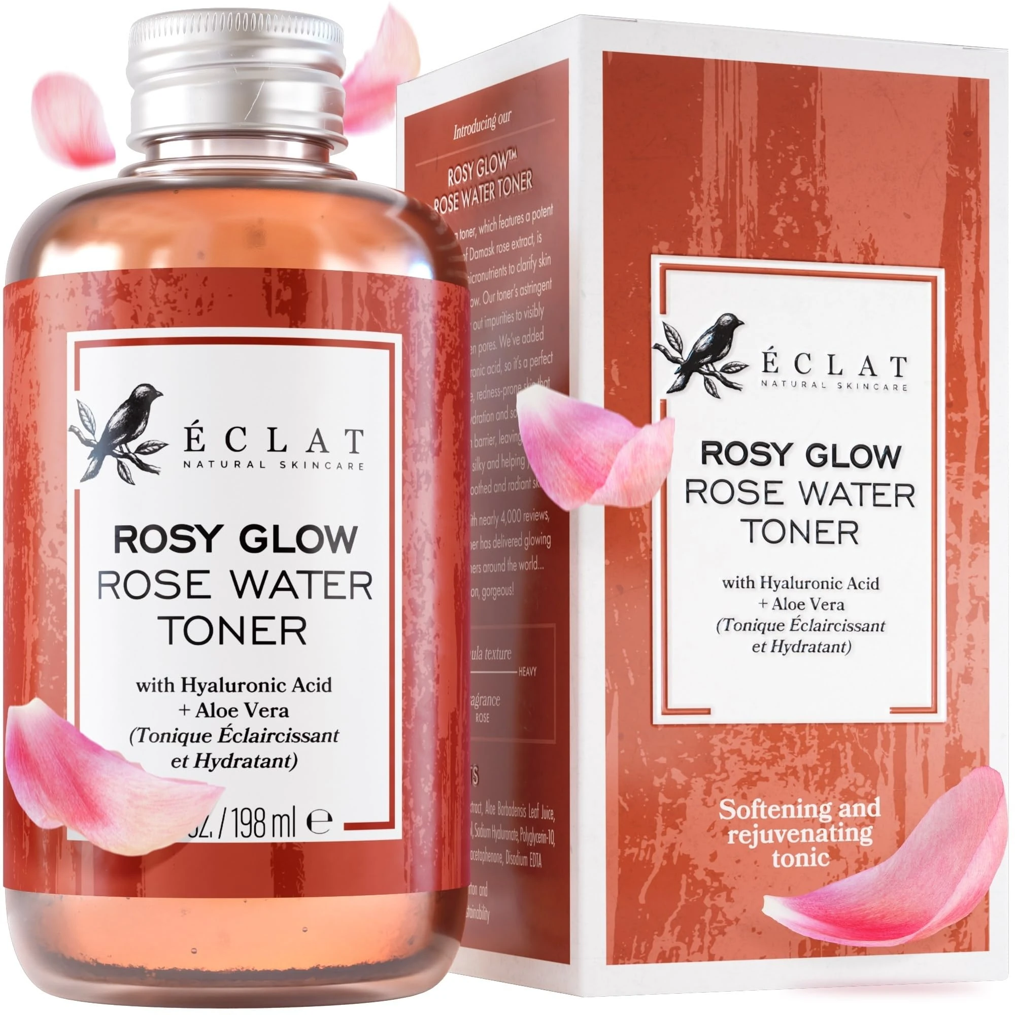 ECLAT Skincare Rose Water Toner – Hydrating Toner for Face - Rosewater with Hyaluronic Acid & Aloe Vera - Alcohol Free & Skin Soothing Formula - Rejuvenating & Calming Facial Skin Care 198 ml