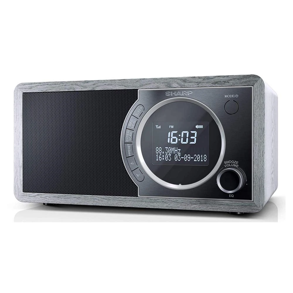 SHARP DR-450(GR) Digital Radio with DAB/DAB+/FM, Bluetooth 4.2, 20 Station Presets, Alarm & Snooze, Wooden Speaker Housing, and LCD Display - in Grey
