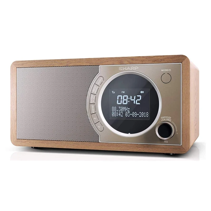 SHARP DR-450(BR) Digital Radio with DAB/DAB+/FM, Bluetooth 4.2, 20 Station Presets, Alarm & Snooze, Wooden Speaker Housing, and LCD Display - in Brown
