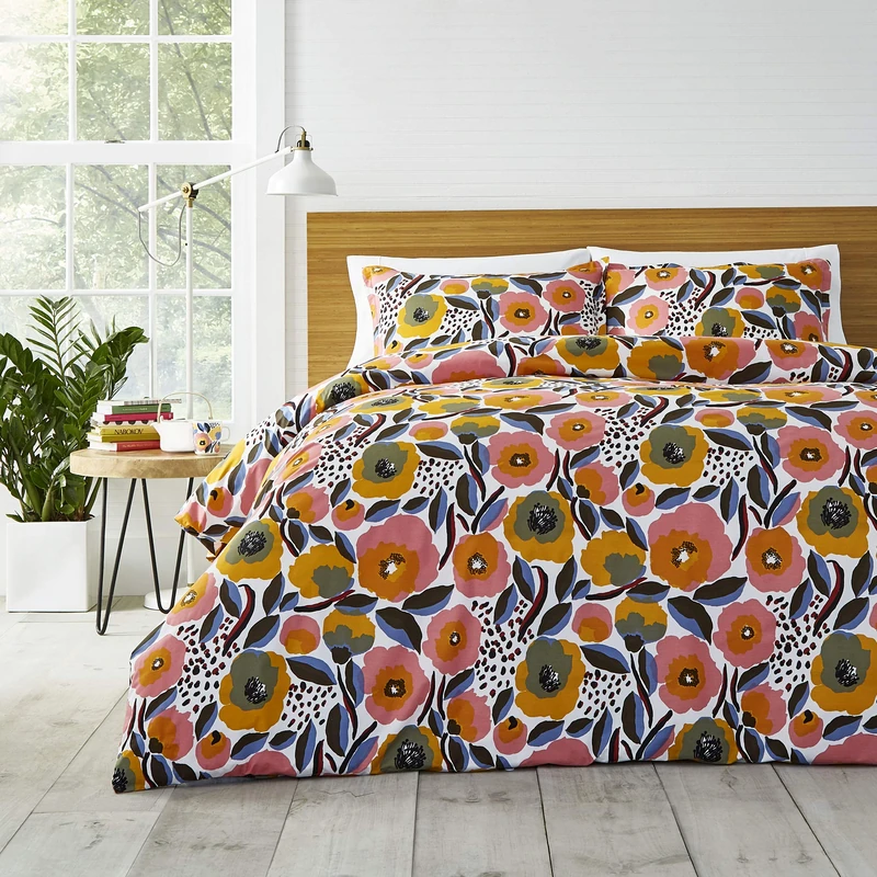 MARIMEKKO - Twin Duvet Cover Set, Cotton Percale Bedding with Matching Sham & Button Closure, All Season Home Decor (Rosarium Pink, Twin)
