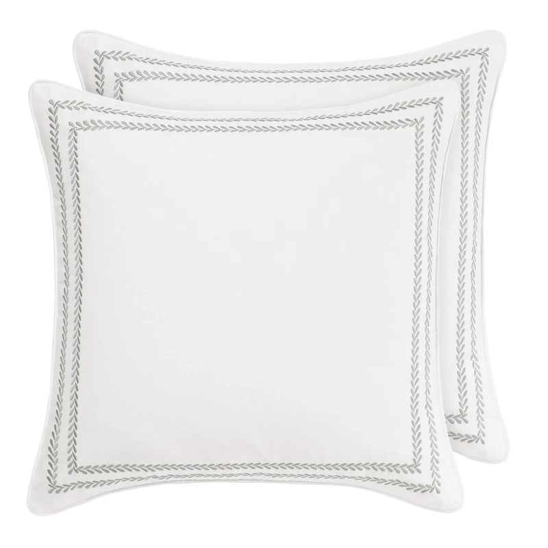 Laura Ashley Decorative Pillow Case for Bedroom and Home Décor, Cotton, Stitched Vine Leaf Grey, European-Square