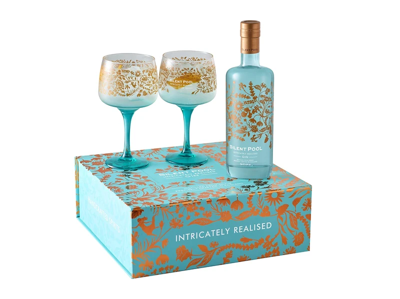 SILENT POOL - Ultra Premium London Dry Gin Gift Box With 2 Copa Glasses - Award-Winning - Layered, Fragrant, Balanced - To Enjoy Over Ice - Couple Ultimate Gin Gift - 43% ABV - 70 cl