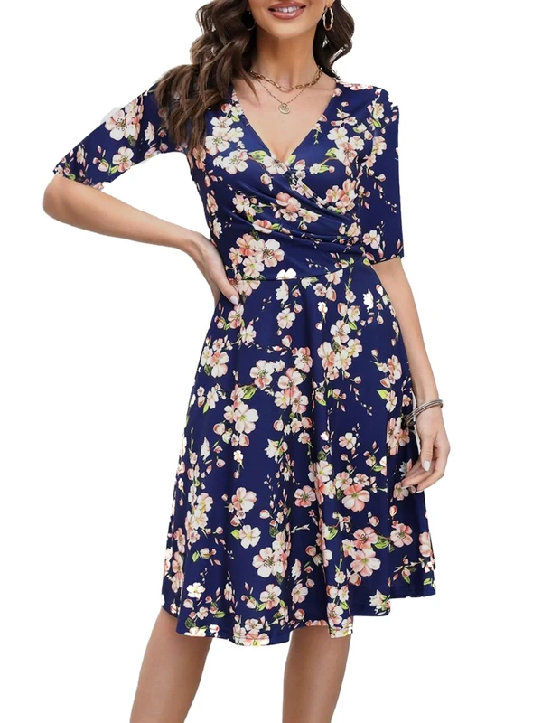 oxiuly Women's Casual Dresses Criss-Cross V-Neck Floral Flare Midi Summer Dress OX233, Navy Blue F5, L