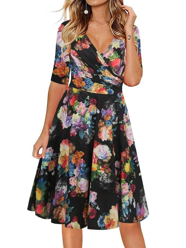 oxiuly Women's Casual Dresses Criss-Cross V-Neck Floral Flare Midi Summer Dress OX233, Black F5, Large