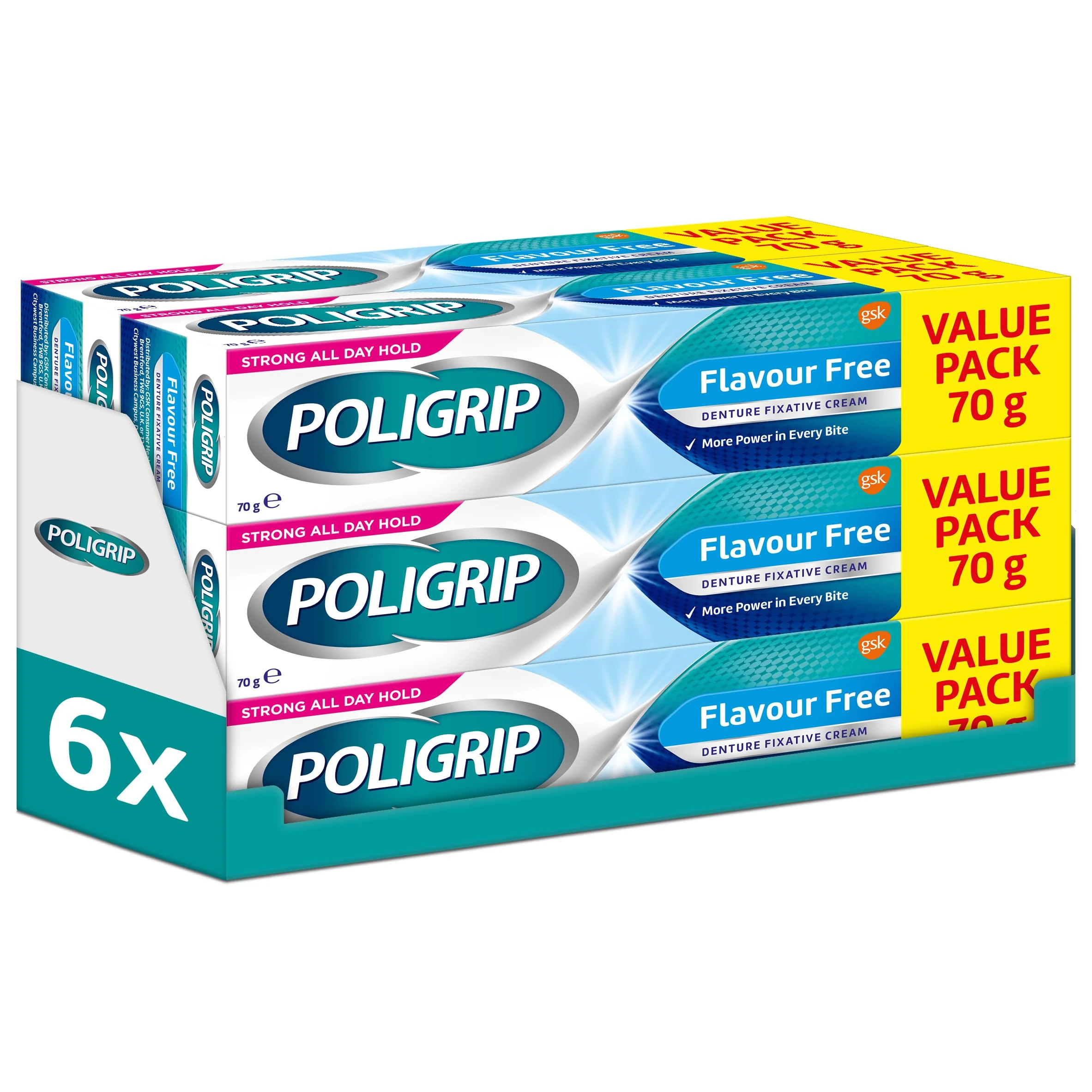 Poligrip Flavour Free Denture Fixative Cream, 70 g, Pack of 6