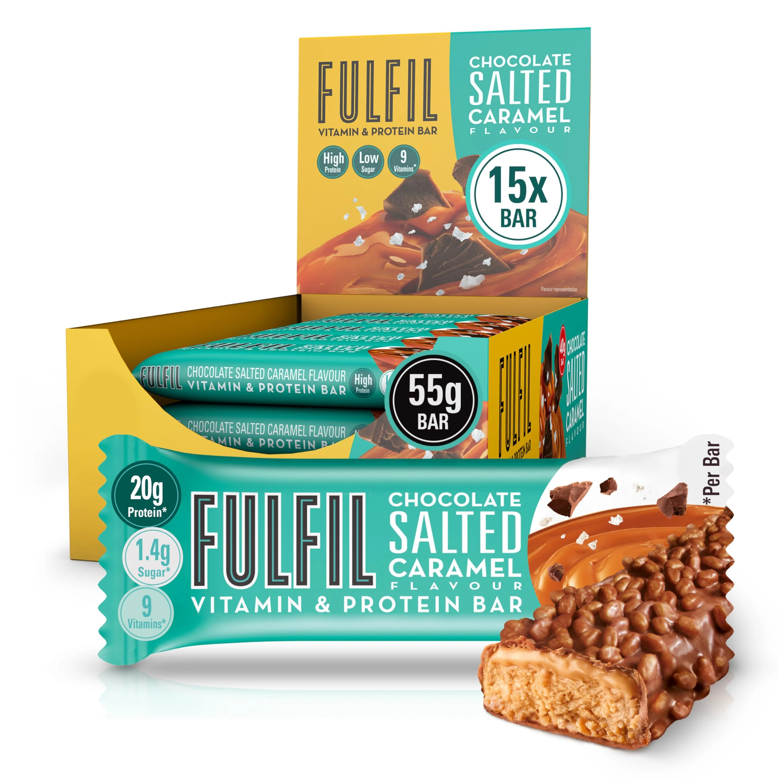 FULFIL Vitamin and Protein Bars (15 x 55 g Bars) — Chocolate Salted Caramel Flavour — 20 g High Protein, 9 Vitamins, Low Sugar