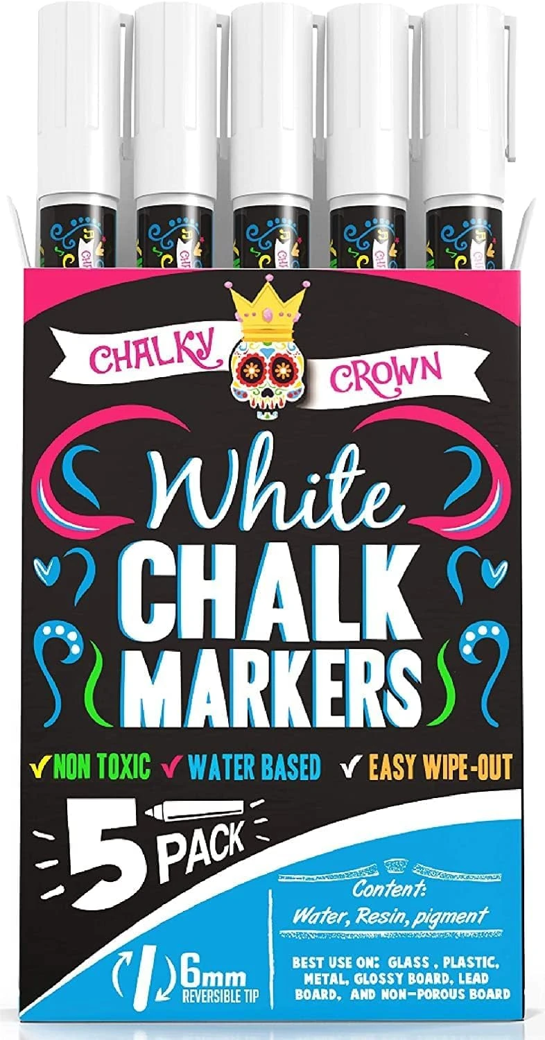 Chalky Crown - Chalk Pens - Liquid Chalk Markers - Dry Erase Chalk Pen for Chalkboards, Signs, Windows, Blackboard & More - 24 Chalkboard Labels Included - 5 Pack, White, 6 mm