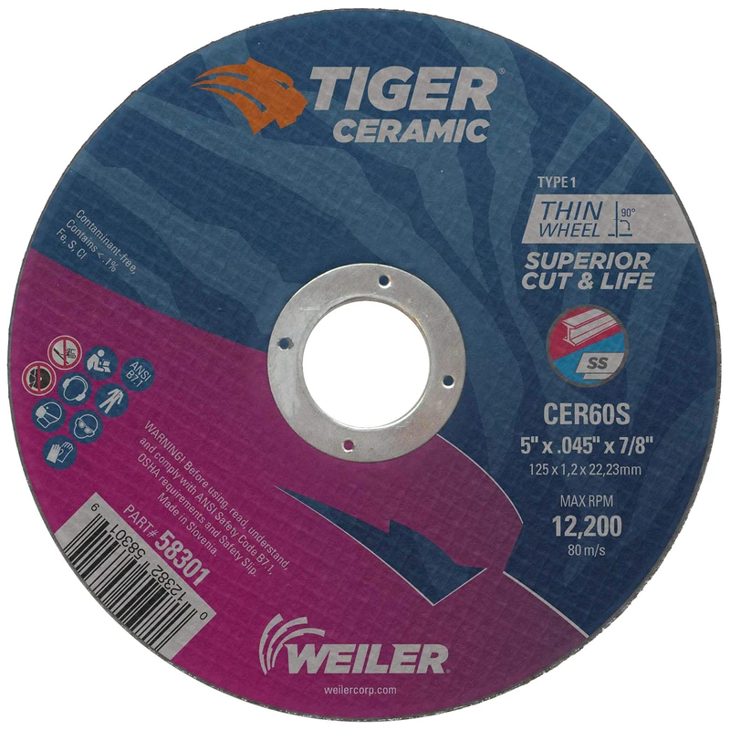 Weiler 58301 5 x .045 Tiger Ceramic Type 1 Cut Off Wheel CER60S 7/8 A.H (Pack of 25)