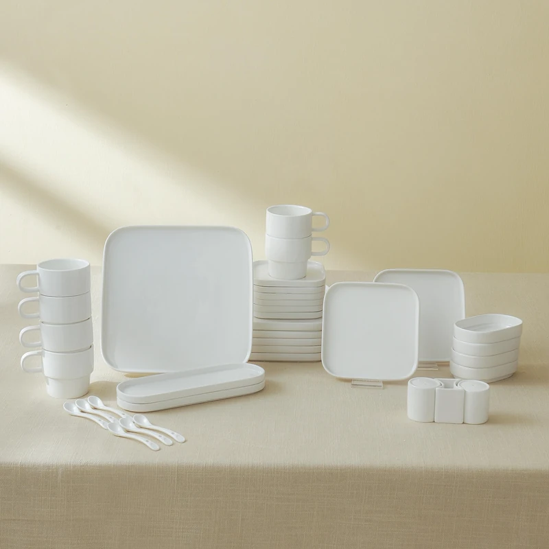 Karaca Cubique Breakfast Set, Square, 35-Piece Tea/Coffee Cup, Dinner Service White, 35-Piece Plate Set, Porcelain Dinner Service for 6 People, Tableware Set