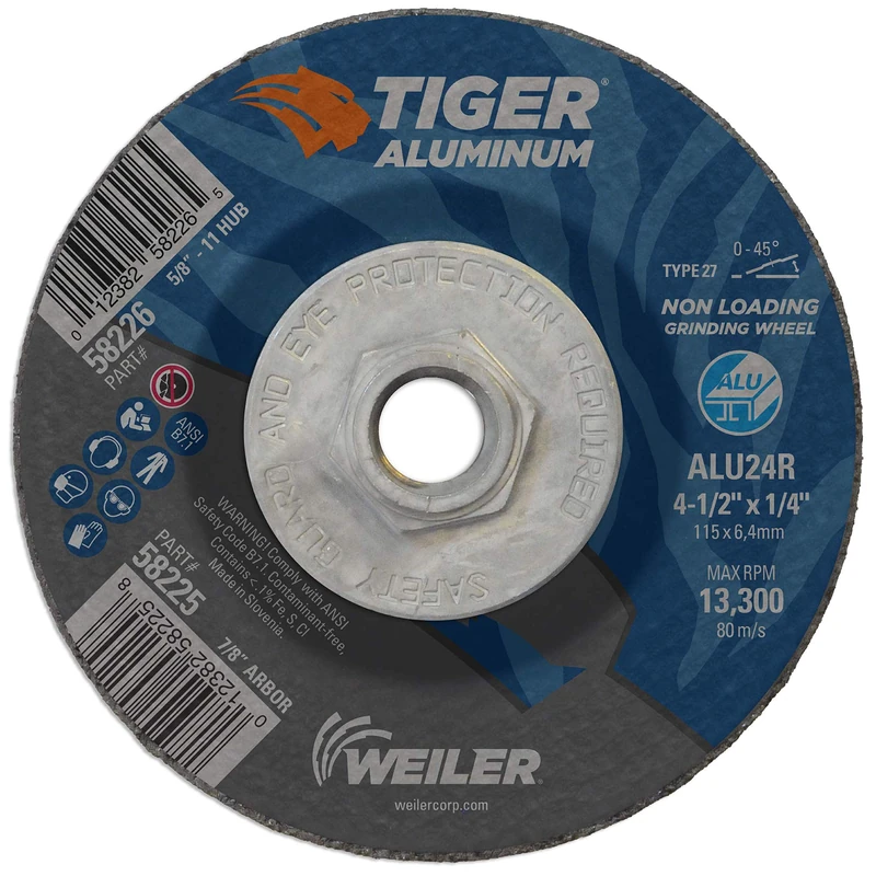 Weiler 58226 4-1/2 x 1/4 Tiger Aluminum Type 27 Grinding Wheel ALU24R 5/8-11 Nut (Pack of 10)