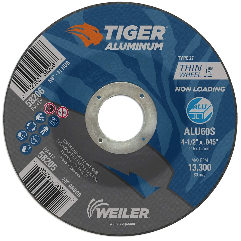 Weiler 58205 4-1/2 x .045 Tiger Aluminum Type 27 Cut Off Wheel ALU60S 7/8 A.H (Pack of 25)