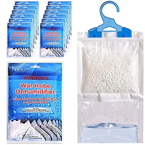 Nyxi Set of 12 Hanging Interior Wardrobe Dehumidifier - 230g Each Bag - Ideal to stop damp, mould mildew & condensation- For Wardrobe, Home, Kitchen, Garage, Bedroom, Caravan, Office, Basement etc