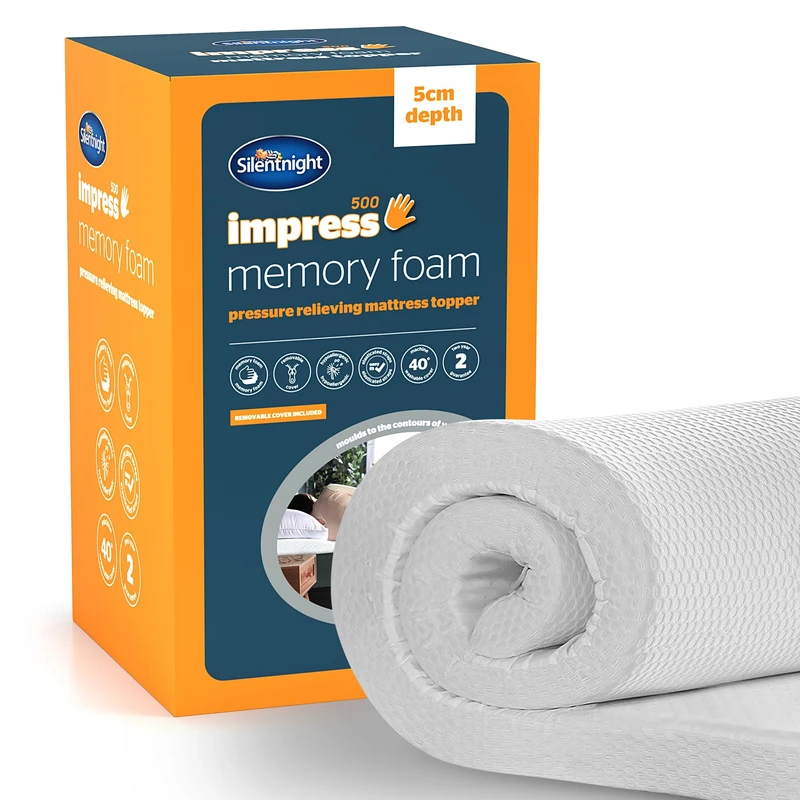 Silentnight Impress Memory Foam Mattress Topper - 5cm Deep Luxury Orthopaedic Pressure Relief Hypoallergenic Bed Topper for Back & Neck Pain - Elasticated Straps & Machine Washable Cover, Super King