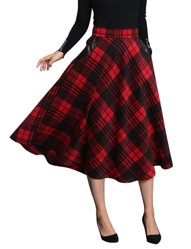 IDEALSANXUN Women's Plaid Wool Skirts Elastic Waist A-Line Pleated Tartan Long Skirts, Mid-Calf Red, M