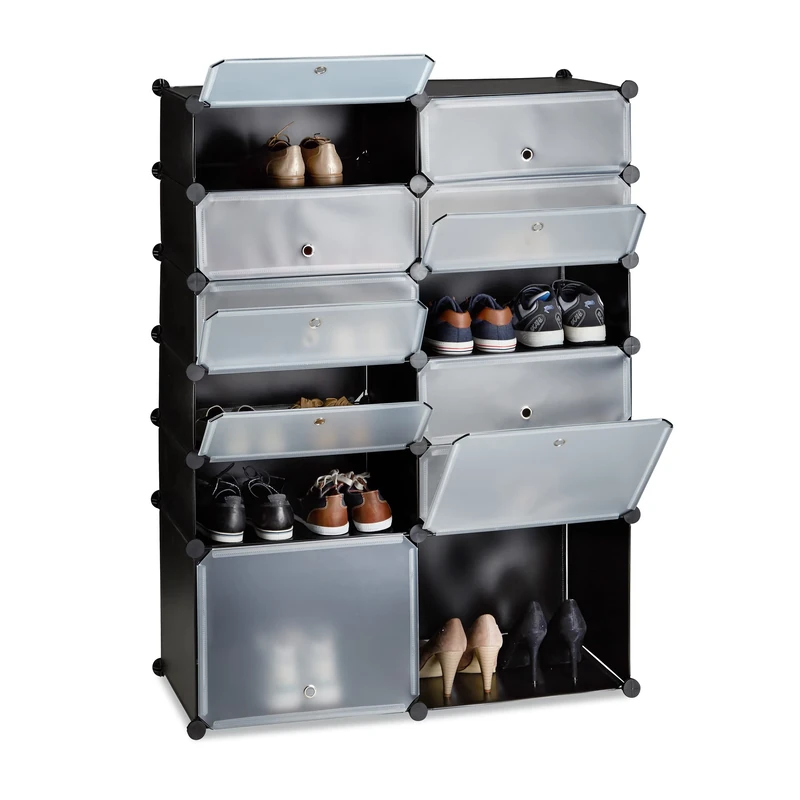 Relaxdays Plastic Shoe Cabinet, 12 Compartment Shoe Rack, XXL Modular Shelf, H x W x D: 125 x 94 x 37 cm, Black