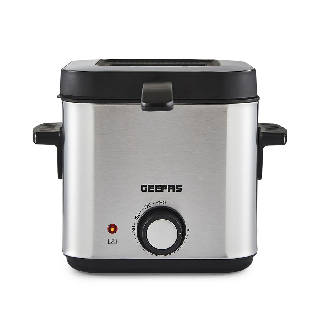 GEEPAS 1.5L Deep Fat Fryer | Adjustable Thermostat 0–190°C Viewing Window Mesh Filter Indicator Light | Cool-Touch Handle Non-Stick Inner Pot | 900W Compact Kitchen Fryer | 600g Food Capacity