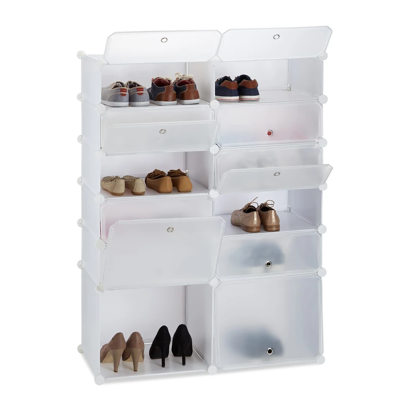 Relaxdays Plastic Shoe Cabinet, 12 Compartment Shoe Rack, XXL Modular Shelf, H x W x D: 125 x 94 x 37 cm, White