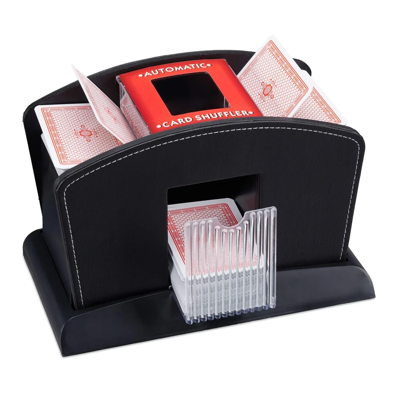 Relaxdays, black card shuffler electric, leather, 4 decks, automatic card shuffler for shuffling cards, standard