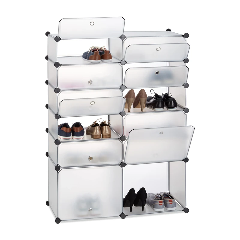 Relaxdays Plastic Cabinet, 12 Compartment Shoe Rack, XXL Modular Shelf, H x W x D: 125 x 94 x 37 cm, Transparent