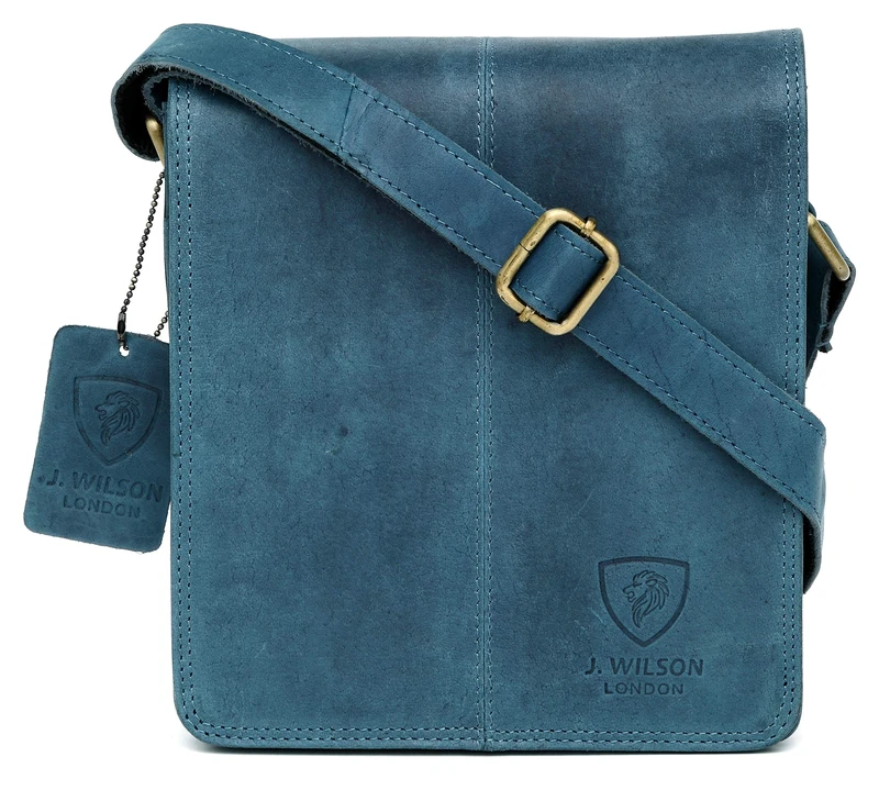 J. Wilson London Vintage Hunter Leather Flapover Crossover Bag - Blue