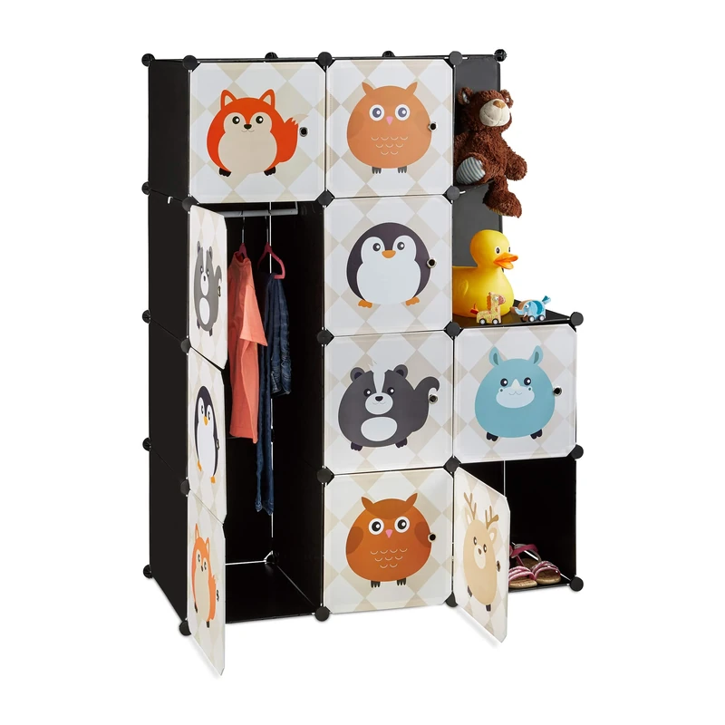 Relaxdays Modular Kids Storage Shelf, Animal Themed Plug-In Wardrobe System with Doors, Dresser with Clothes Rail, Colourful