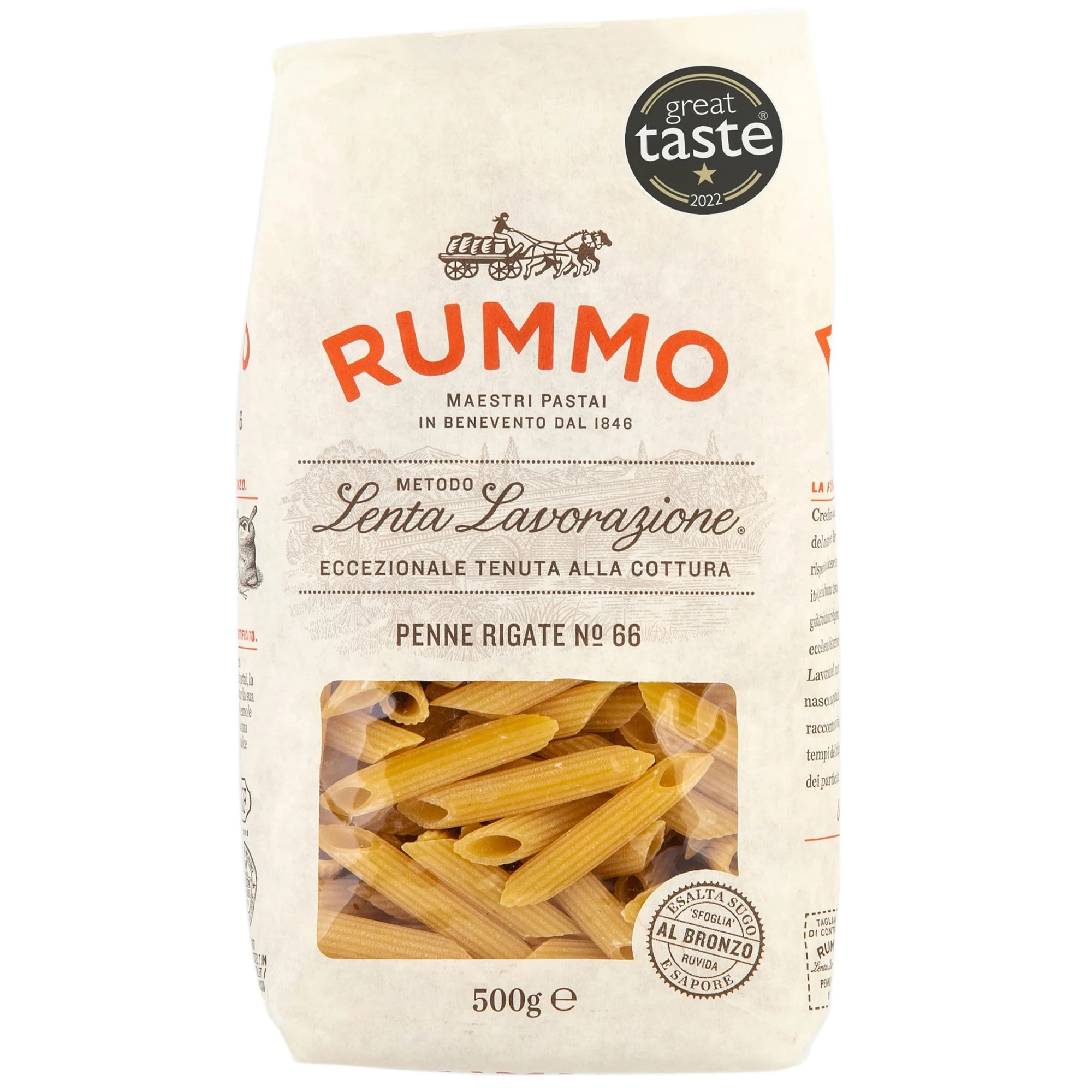 Rummo Italian Pasta, Ridged Penne Rigate No.66 - Great Taste Award Winner 2022, Ridged for a Perfect Bite, 500 g (Pack of 1)