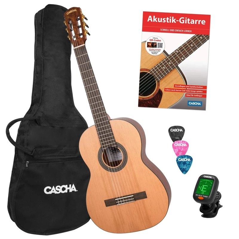 CASCHA 4/4 Classical Guitar Beginner Set, Includes Instructional Book, Tuner Gig Bag/Bag, 3 Plectrums, Classic Children's Guitar from 10 Years for Beginners, Classic Guitar, Nylon Strings Concert Guitar Starter Set brown