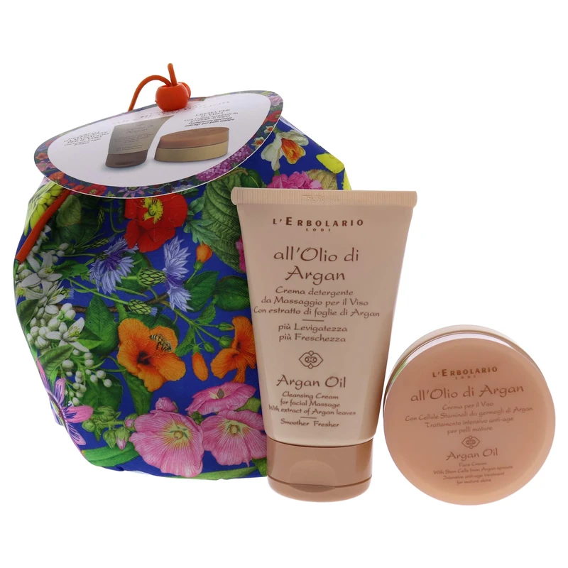 LErbolario Argan Oil Duo Beauty for Women 2 Pc 4.2oz Cleansing Cream for Facial Massage, 1.6oz Face Cream, Beauty Bag