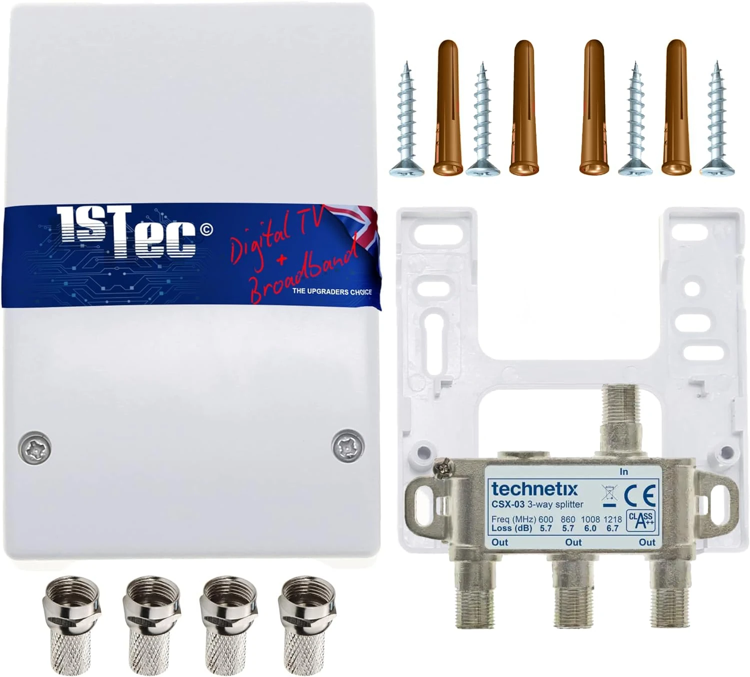 1STec Virgin Media Technetix Passive 2/3 Way Wideband Signal Splitter & Housing Cover + F-Connectors for Screw-on Leads to connect TiVo TV Set Top Box Superhub Internet Modem Router 1218MHZ Freeview