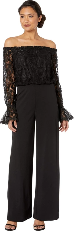Adrianna Papell Women's Knit Crepe Wide Leg Jumpsuit w/Off The Shoulder Lace Top Black 10